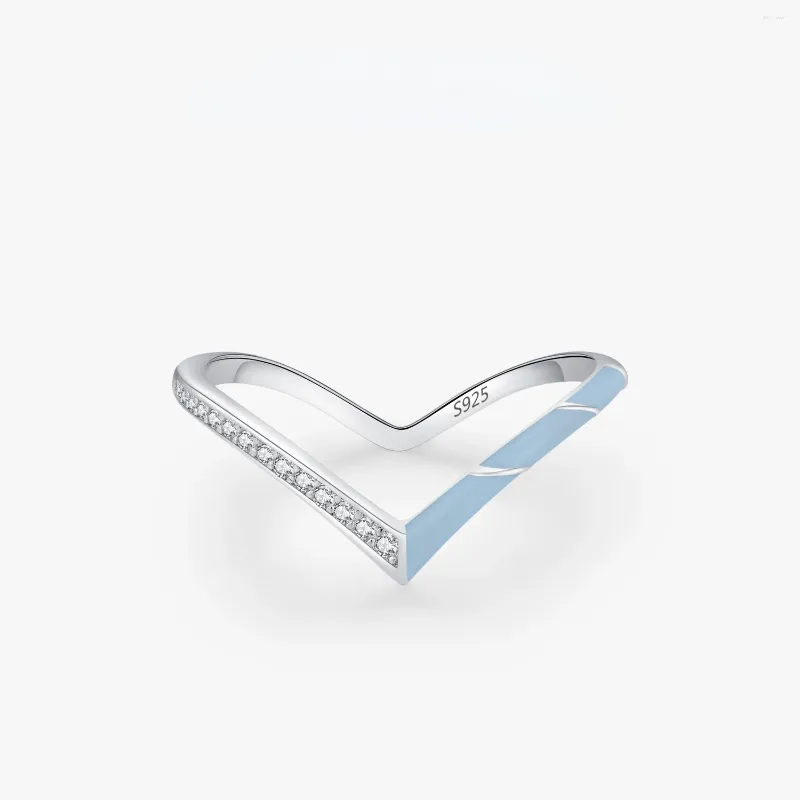Кольца-кластеры из стерлингового серебра S925, кольцо с буквой V-образной формы, комплект с синими бриллиантами, женские европейские и американские индивидуальности, пищевые украшения в холодном стиле