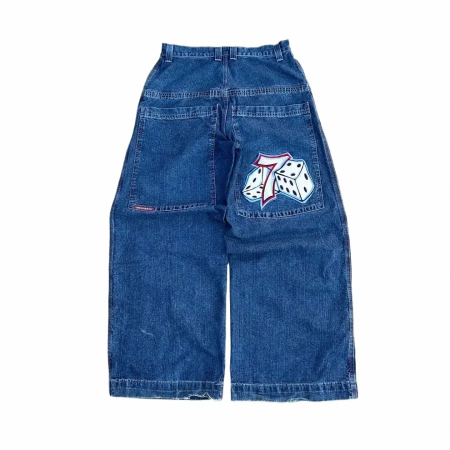 Jnco Jeans Y2K Hip Hop Dice ricamato Retro Blue Baggy Jeans Pantaloni Uomo Donna New Punk Rock Vita alta Pantaloni a gamba larga V1PZ #