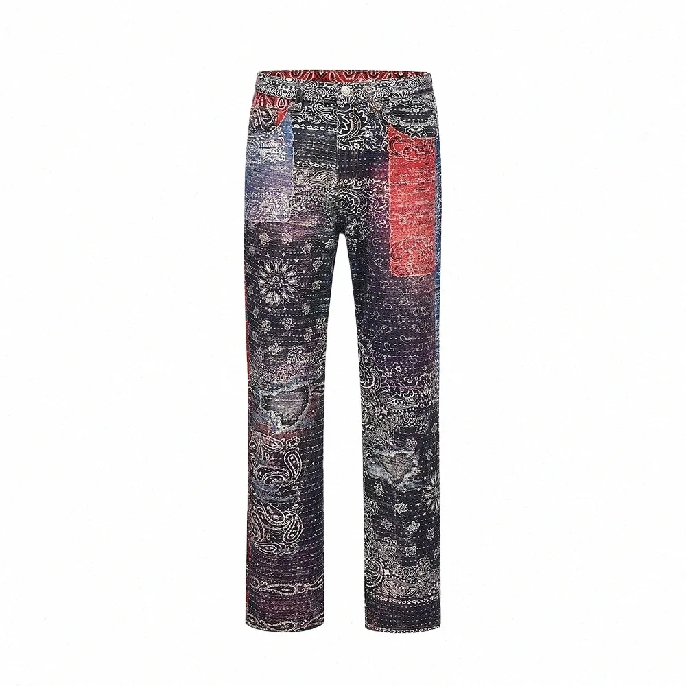 hip Hop Distred Paisley Patchwork Baggy Jeans Pants for Men Straight Y2K Ripped Casual Cargos Oversized Denim Trousers p9kH#