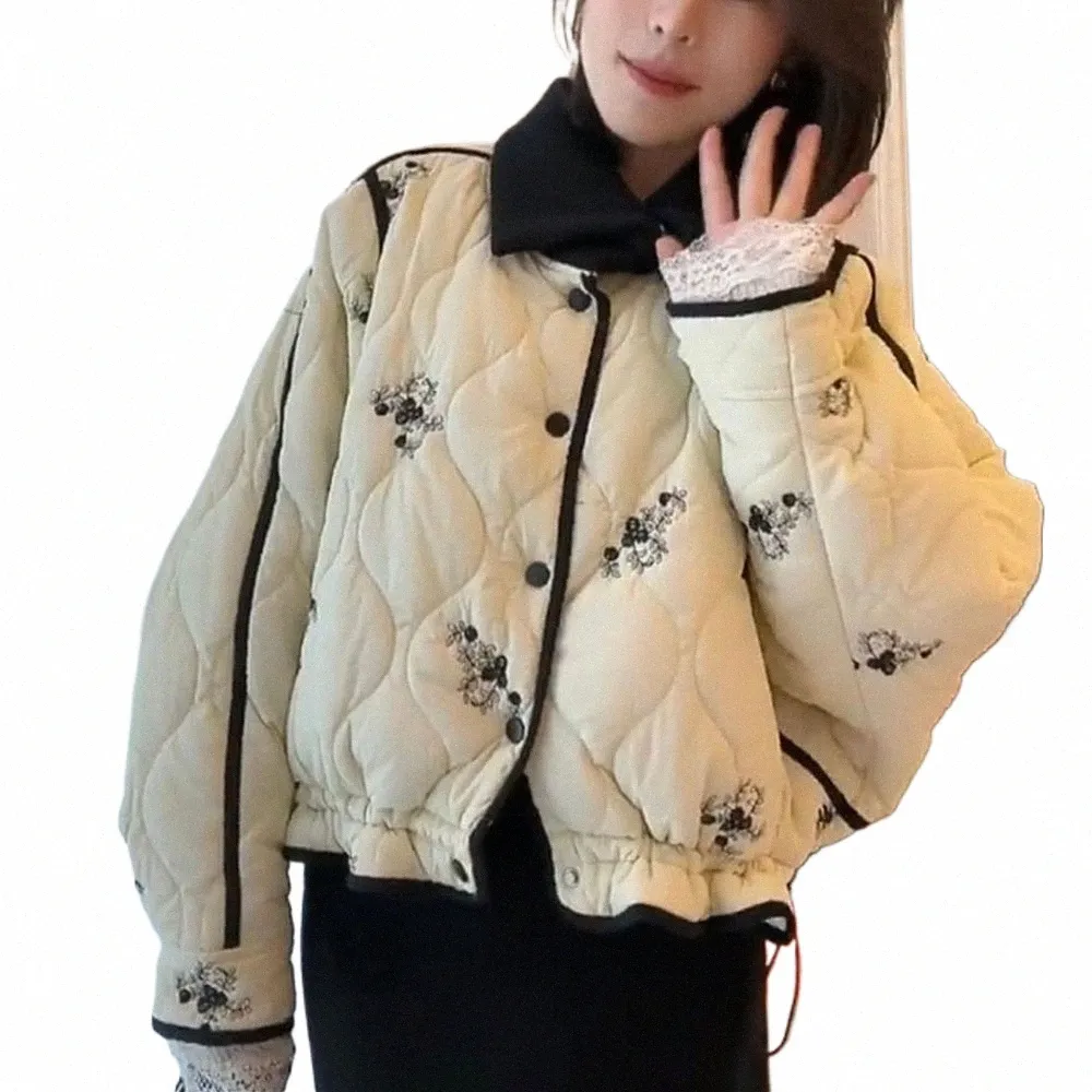 korean Style Aesthetic Floral Quilted Parkas Coat Drawstring Short Jackets Sexy Women Winter Outerwear Women French Office Lady 08zh#