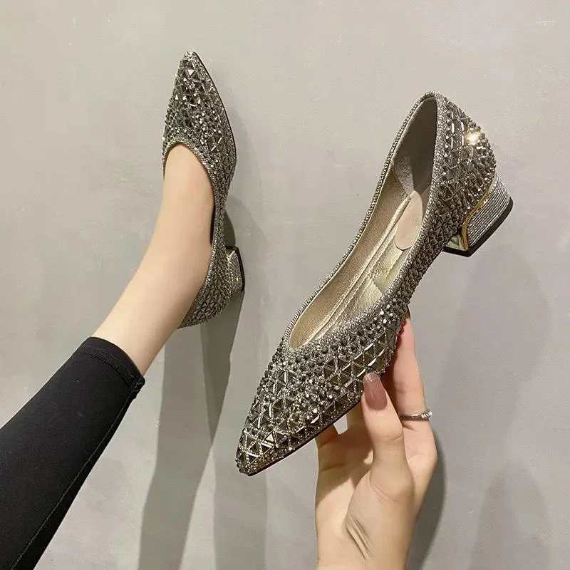 Dress Shoes 2024 Sweet Spring Woman Pointed Toe Bling Rhinestone Thick Heels 3cm High Heel Elegant Casual Kawaii Female Barefoot