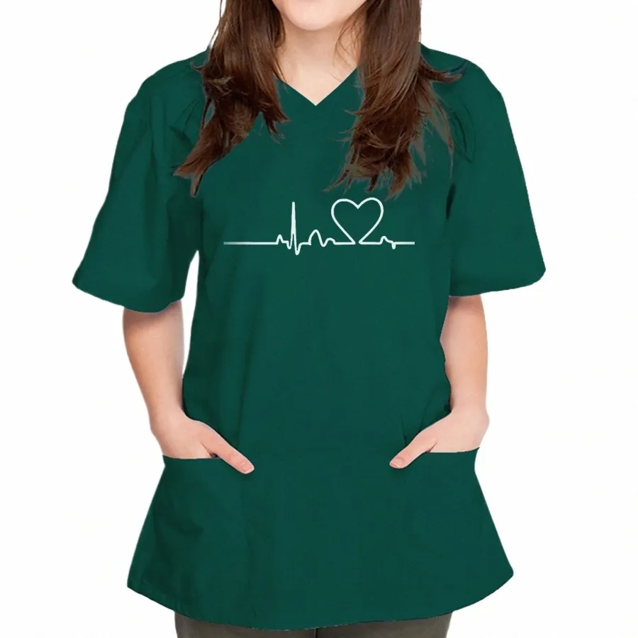 Dames Verpleegstersuniform Scrubs Top Hartslagprint Korte mouw Blouse Chirurgische verpleging Gezondheidszorgpersoneel Werkkleding Medisch uniform R8Ew #