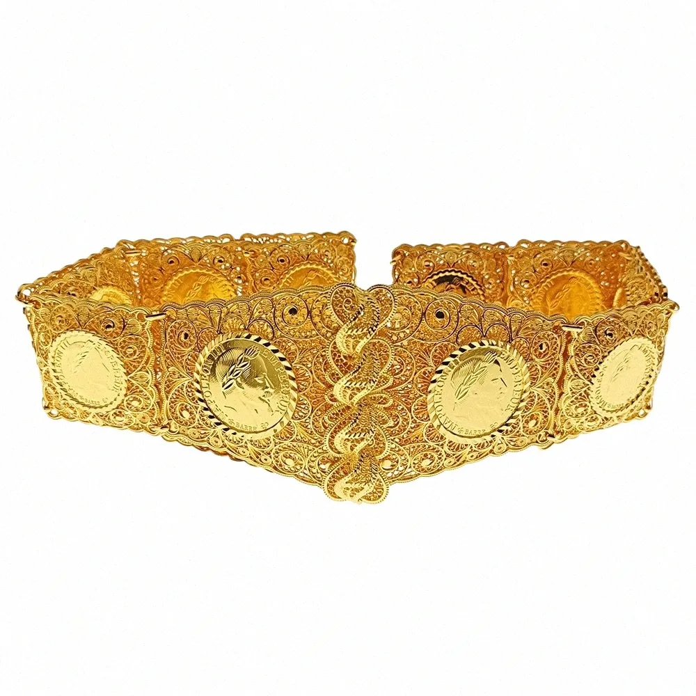Argelia Boda Cadena de cintura nupcial Moneda francesa Cinturón chapado en oro Vestido Dr Cinturón de metal Novia Accories Bodas marroquíes Eventos E86N #