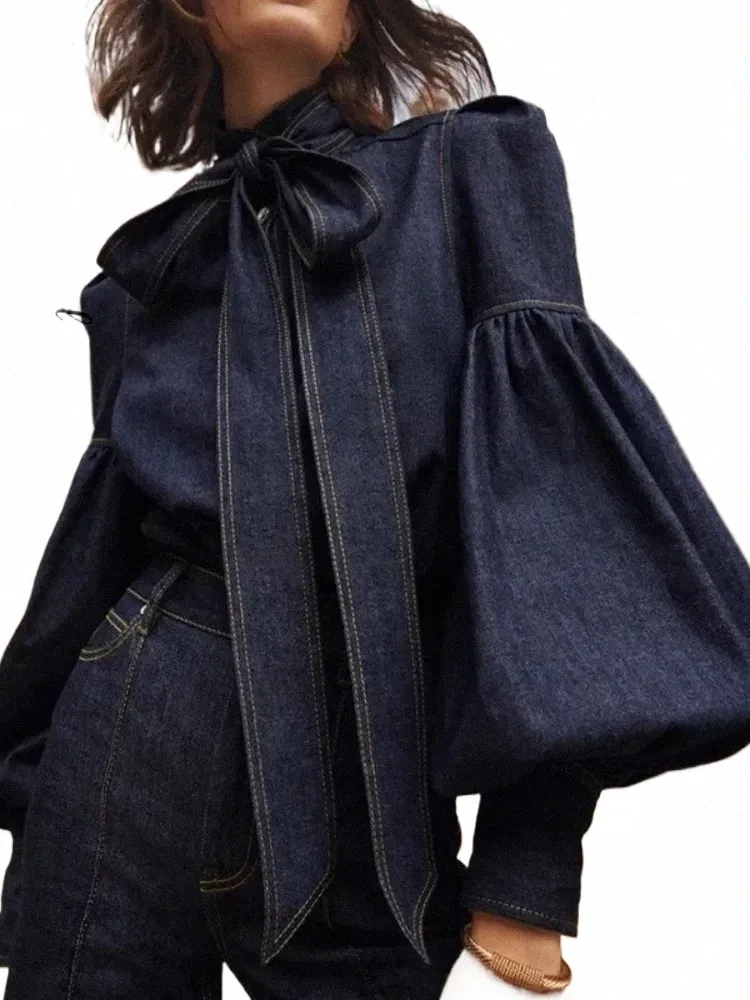 fi Bow Lantern Sleeve Denim Shirt Women Stand Collar Single-breasted Female Shirts 2024 Spring New Loose Women Blouses k0HL#