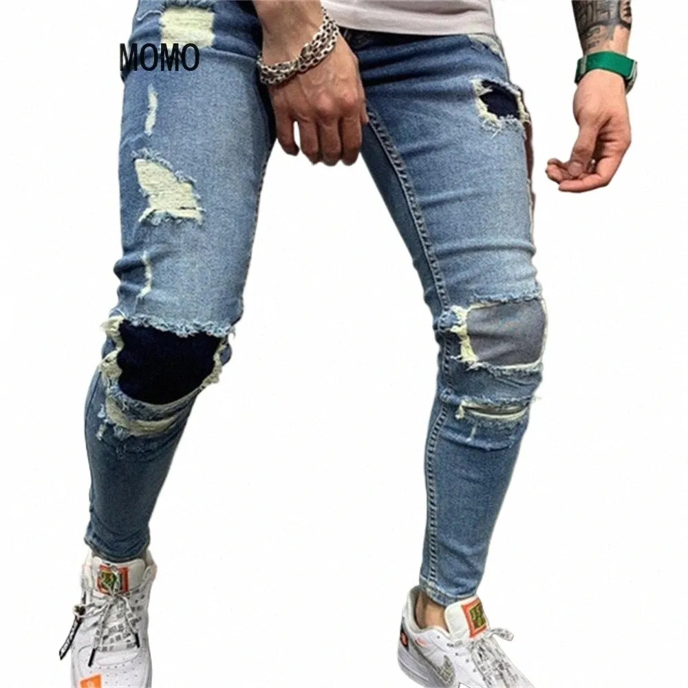 Streetwear Fi Black Ripped Jeans Hommes Skinny Slim Fit Bleu Hip Hop Denim Pantalon Jeans Casual pour Hommes Jogging jean homme N2g6 #