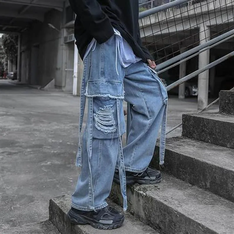2024Ribbed Baggy Jeans for Men Straight Wide Leg Loose Trousers High Street Retro Aesthetic Oversized Denim Pants