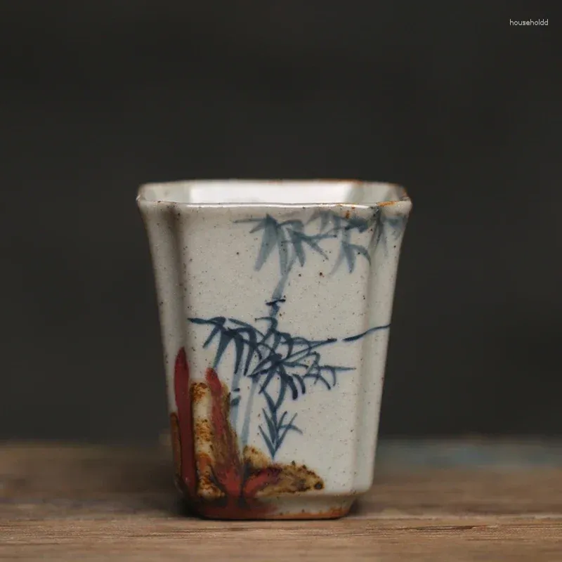 ティーカップ手描き竹中華アンティークウォーター美しいカップセットレッドイングレイズティーウェア式ヴィンテージマグ