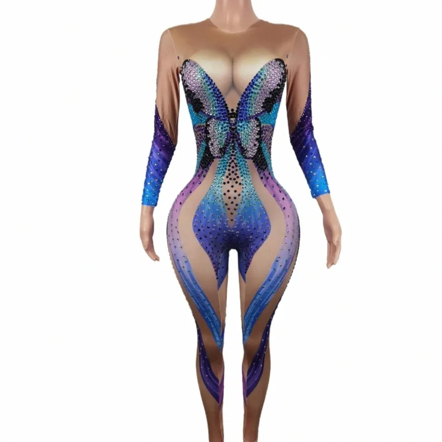 Kolorowe dhineste motyl Bodyc Jumpsuits LG Rękawy Kobiety taniec body