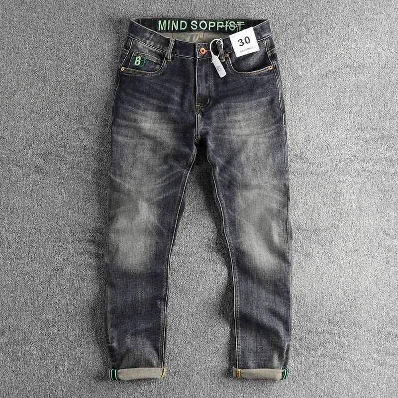 Herren Jeans Stickerei Denim Männer verjüngten sich Retro Distressed Waschenhose für Jugend Amerikanische lässige männliche Straße Streetwear Streetwear