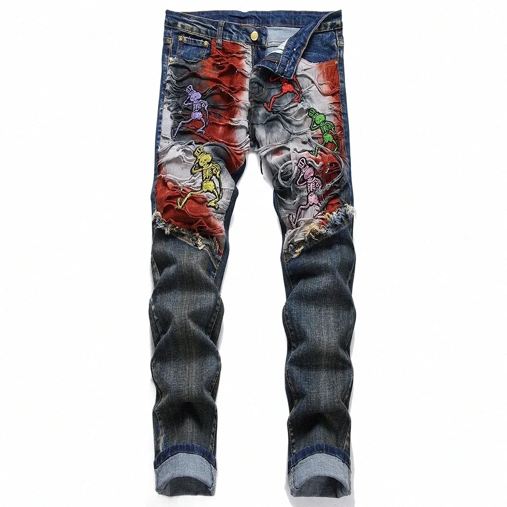 Hommes Crâne Broderie Denim Jeans Streetwear Diable Ripped Patch Stretch Pantalon Distred Bleu Slim Pantalon Droit d4nP #