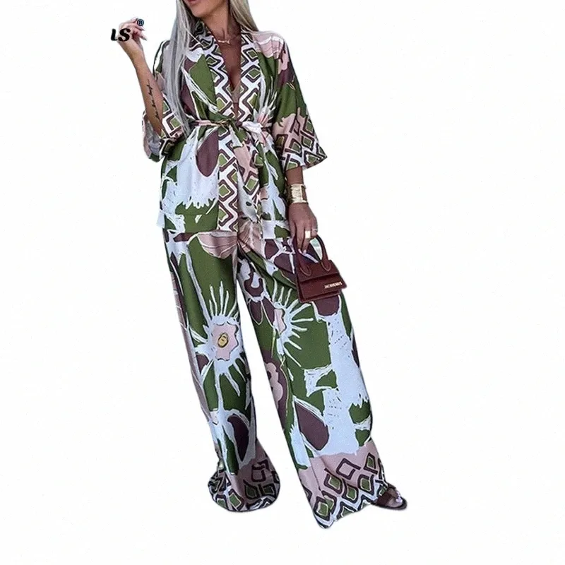 fi Casual Bohemia Print Loose Beach Set Spring Wide Leg Lg Pants Suits Autumn Women Quarter-Sleeved Cardigan Shirt Outfit W082#