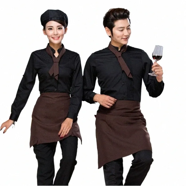 Cafetería Servidor LG Manga Camisa de trabajo + Apr + Conjuntos de corbata Mujeres y hombres Hotel Cafetería Uniforme Barato Hotpot Camarero Ropa x8l4 #