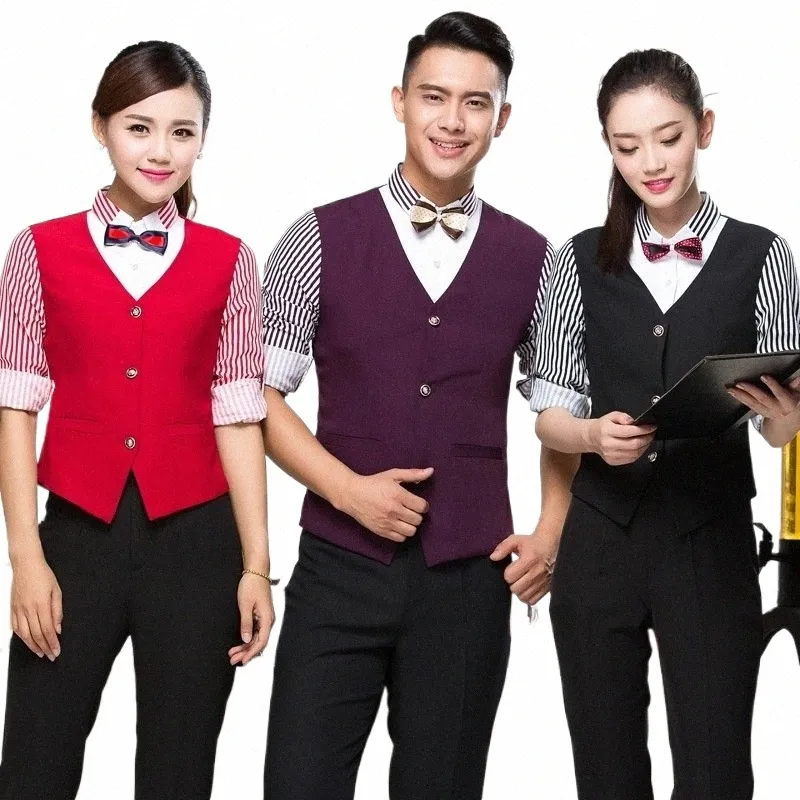 2024 Fall/Winter New Lg Sleeve Work Clothes Western Hotel Fake Shirt and Vest 1pcs Catering Shop Striped Uniform Beer Bar Top 66Bu#