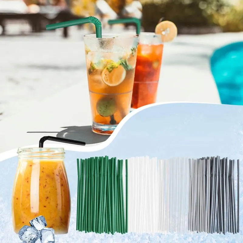 Disposable Cups Straws 100PCS Plastic Black Flexible For Banquet Bar Drinks Simply Slender