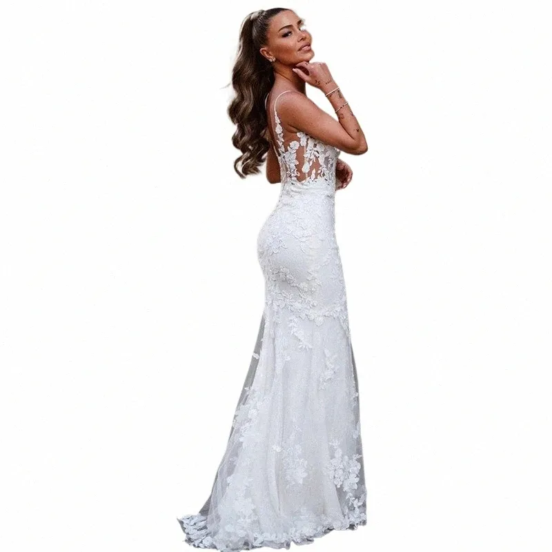 Lorie Lace Mermaid Wedding Dres Spaghetti Straps spetsapplikationer Brud Dr V Neck elegant mjuk tull bröllopsklänningar 2023 M6L3#