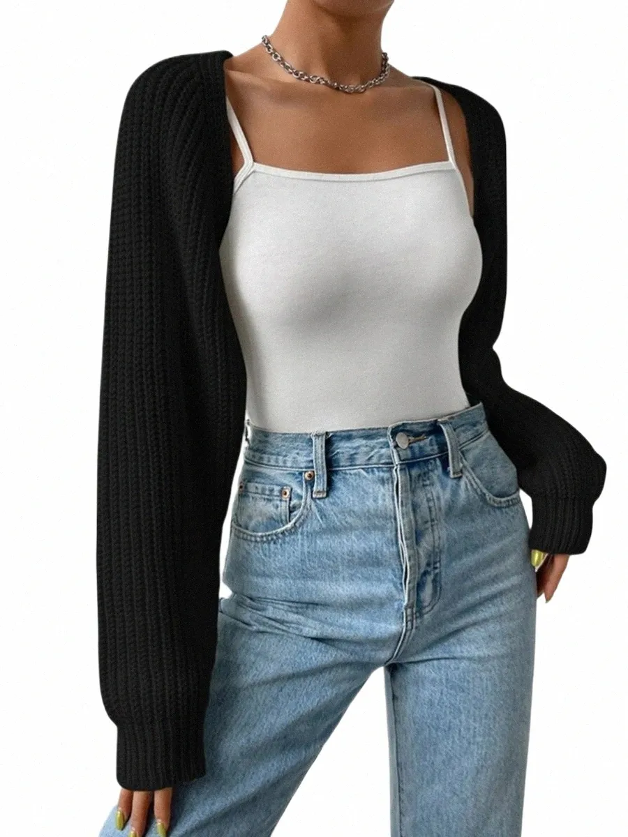 Mulheres Open Frt Cropped Cardigan Tops y2k Retro Lg Manga Cor Sólida Com Nervuras Knit Shrug Sweater Bolero Tops n7Gg #