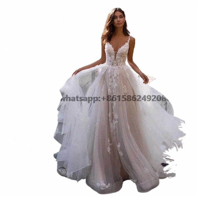 LG BOHO A-LINE Backl Wedding Dr 3D FRS Spaghetti Straps Brud Dres Princ Flound Längd Wedding Gown G8S4#