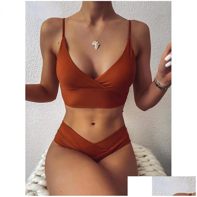 Kvinnors badkläder Kvinnor 2021 Y Solid Swimsuit Women Bikini Push Up Vest Set Brasilian Bathing Suit Two Piece Swim Female Drop Deliver Dh2w3