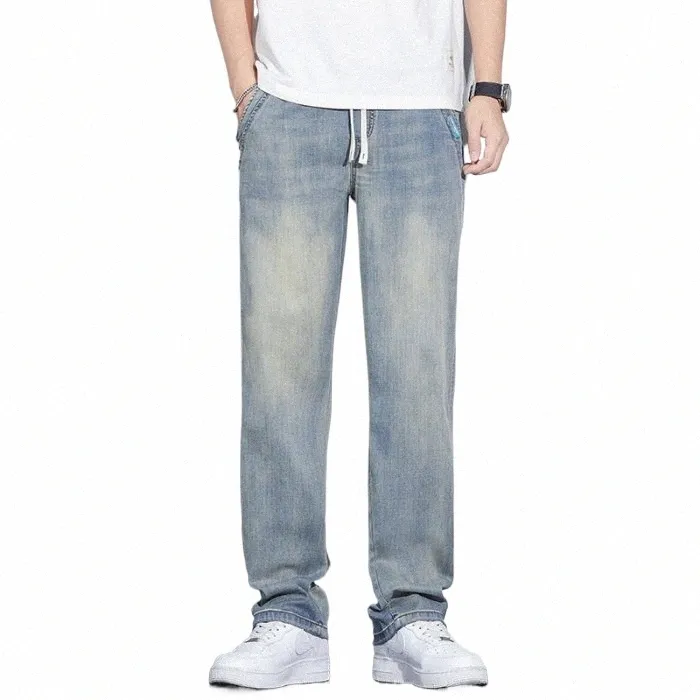 Lyocell Fabric Męskie dżinsy Summer Miękkie cienkie luźne proste spodnie Elastyczna talia Korea Casual Man Baggy Dżinsy plus rozmiar 12DV#