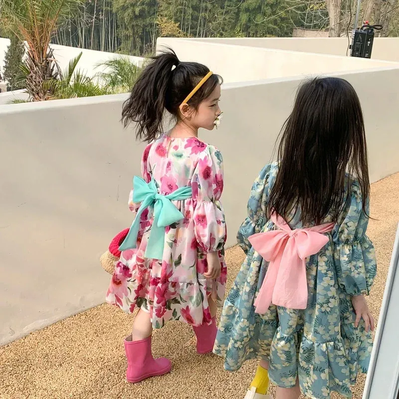 Bloem Meisjes Jurk Lente Kids 2023 Casual Lange Mouwen Mode Klassieke Zomer Doek Vestidos Voor 19T Childrens Outfit 240326