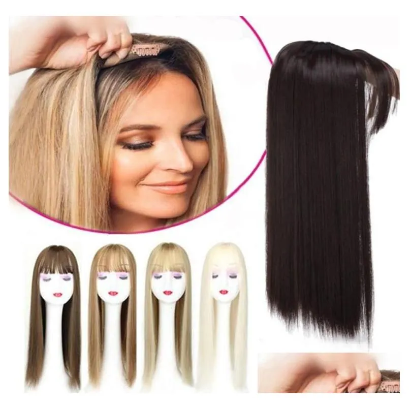 Postiches Gres Blonde Synthétique Pièce Femme 3 Clips En Extension Avec Frange 22 Longue Fibre Haute Température Brun/Gris/Noir Goutte Del Otrv8