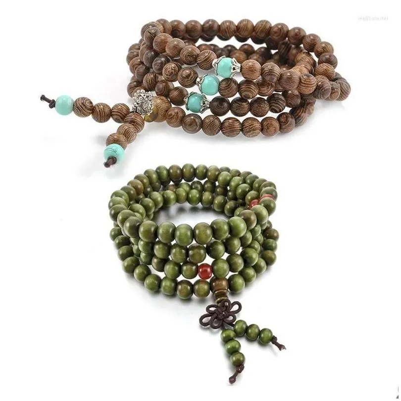 Collier en bois de 8 mm avec brin de perles, sandale verte tibétaine, 108 perles avec 108 bois de santal, prière bouddhiste, bracelet Mala, livraison directe, bijou Otfki