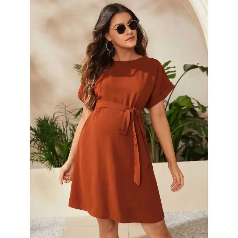 Maternity Dresses 2023 Summer Pregnant Women O-Neck Short Sleeve Lapel Patch Pregnant Womens Clothing Solid Color Bandage Dress NewL2403