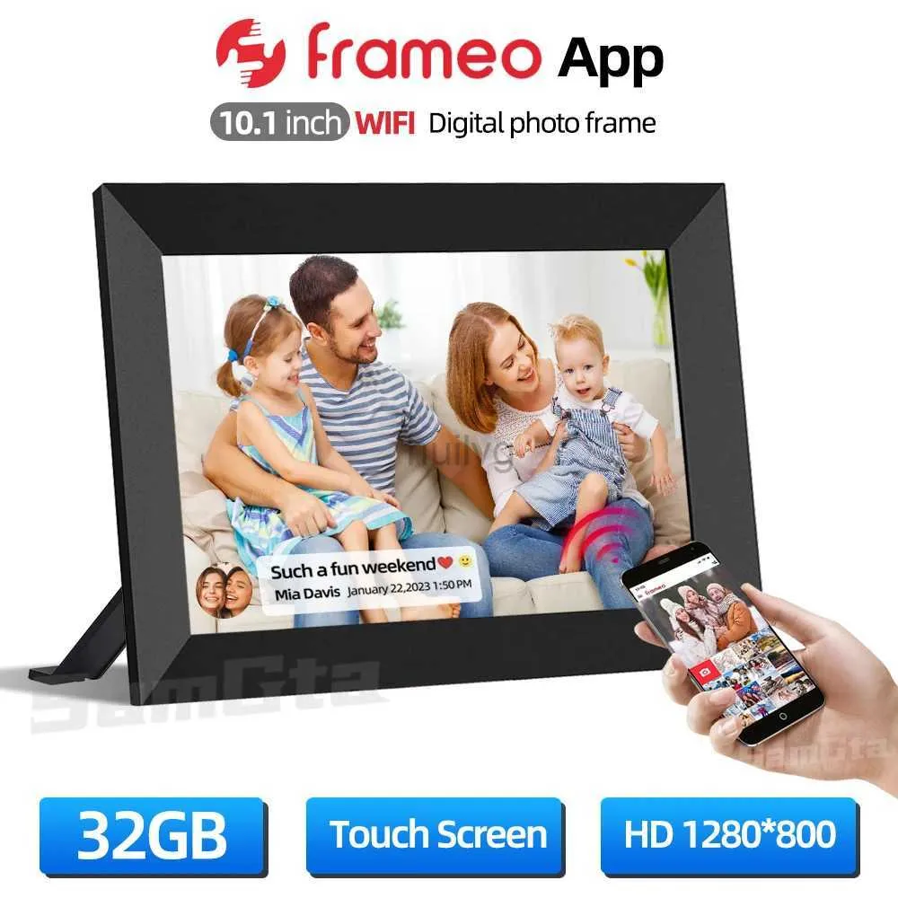 Molduras para fotos digitais Frameo 10,1 polegadas WiFi Porta-retratos digital inteligente 1280x800 HD IPS Touch Screen Moldura eletrônica 32GB de memória com rotação automática 24329