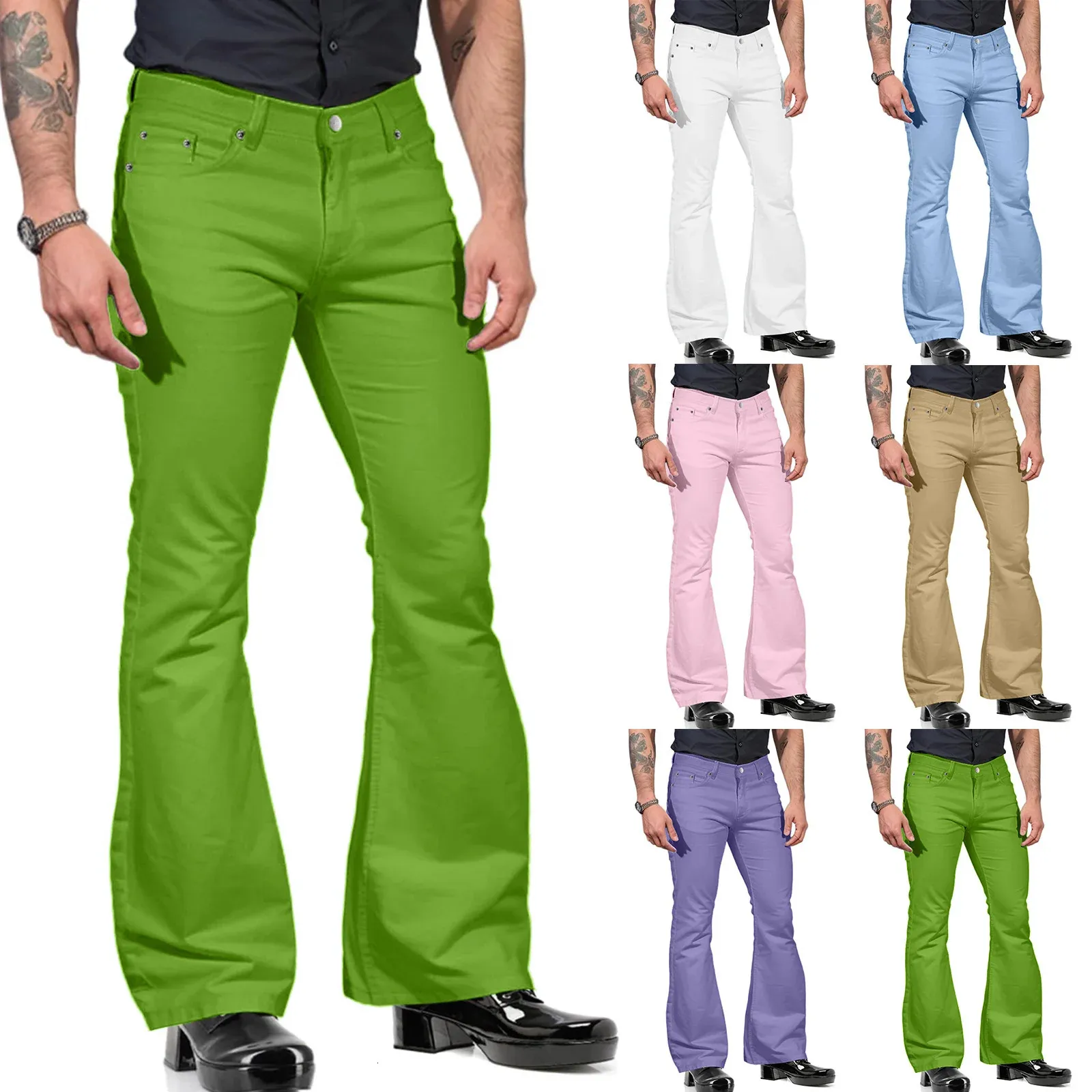 Mode Heren Casual Effen Kleur Zakpak Broek Bell Bottoms Broek Rave Mannen Stretch 240326