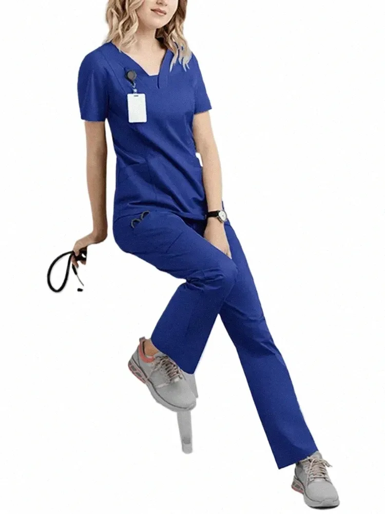 Uniforme ospedaliera da medico infermieristica da donna all'ingrosso casual con maniche corte con scollo a V, tute da jogging, infermiera Phcy, uniforme medica da lavoro