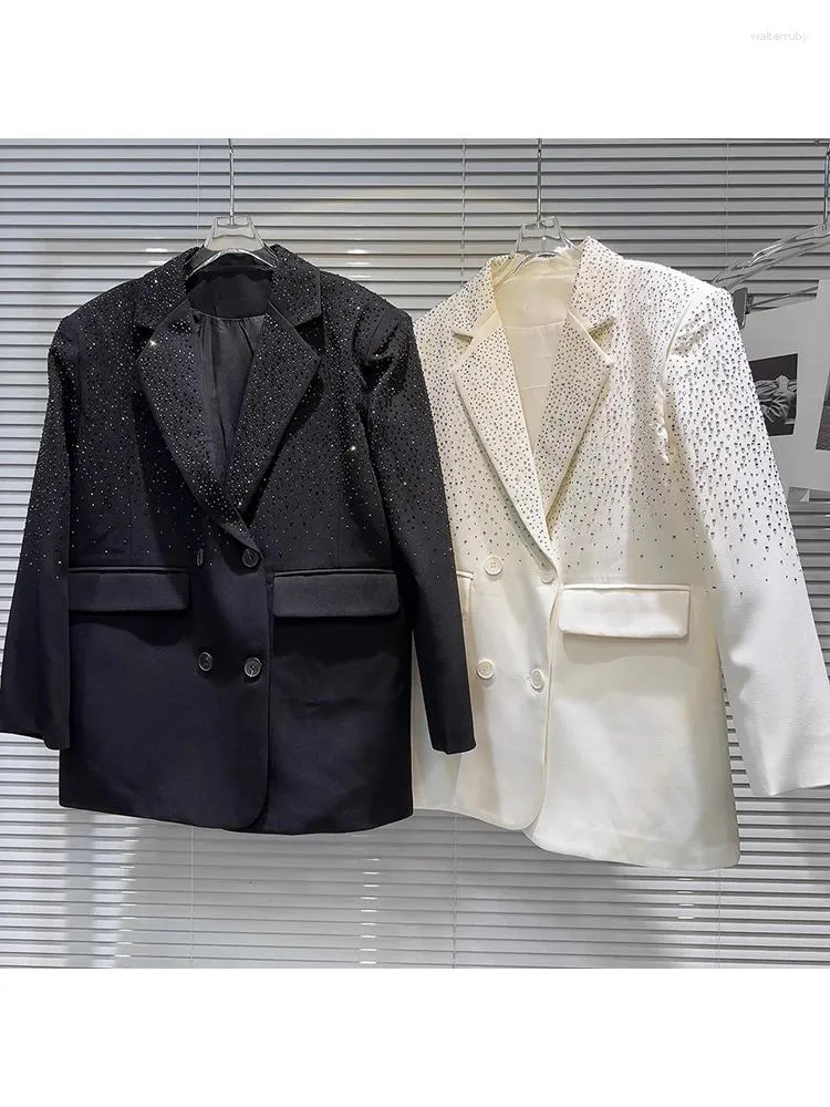 Kadınlar Suits High Street Est Moda 2024 Tasarımcı Ceket Çift Kruvaze Tokalı Rhinestone Elmaslar Boncuklu Blazer