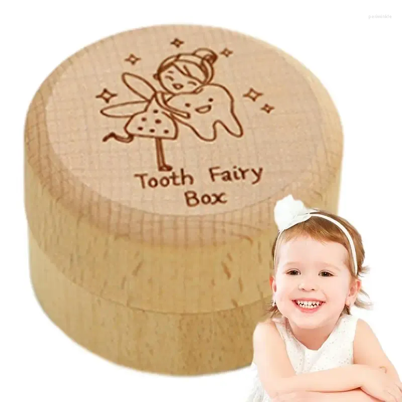 Förvaringsflaskor tand Keepsake Box Trä baby Memory Milk Teeth Container Söt snidade älvgåvor Spädbarnssparare för pojke eller flicka