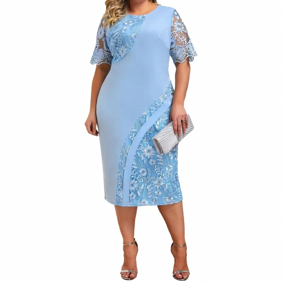 Femmes Floral Lace Splice Party Dr ras du cou à manches courtes crayon Dr Floral dentelle Splice robe de bal élégant Cocktail Dres T1JD #