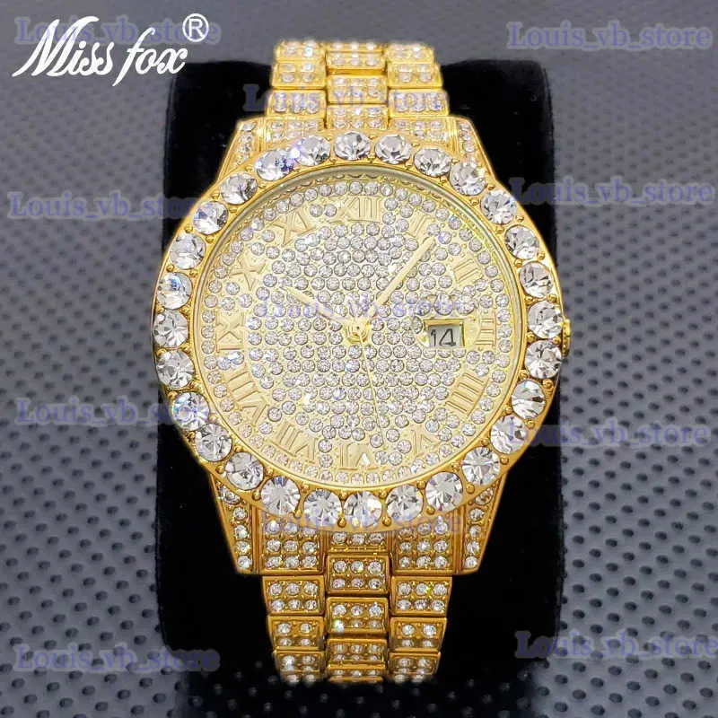 Otros relojes Hot Luxury Men Diamond Genuine Missfox Marca Cuarzo Muñeca Hip Hop 18k Oro Masculino Acero inoxidable Reloj impermeable Regalo T240329