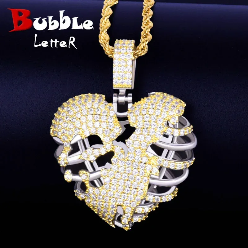 Colliers Broken Skeleton Heart Pendant Collier Aaa Cumbic Zircon Hip Hop Rock Bijoux