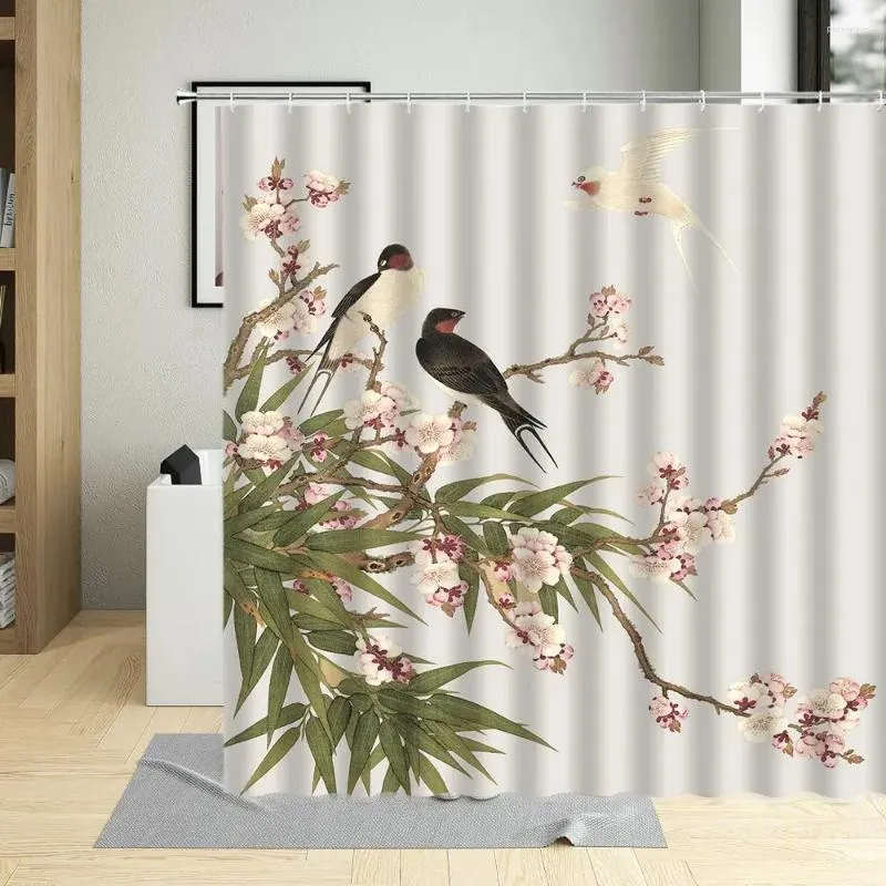 Shower Curtains Chinese Style Flower Bird Curtain Plant Painting Leaf Branch Head Scenery Bathroom With Hook Waterproof Washable Fabric