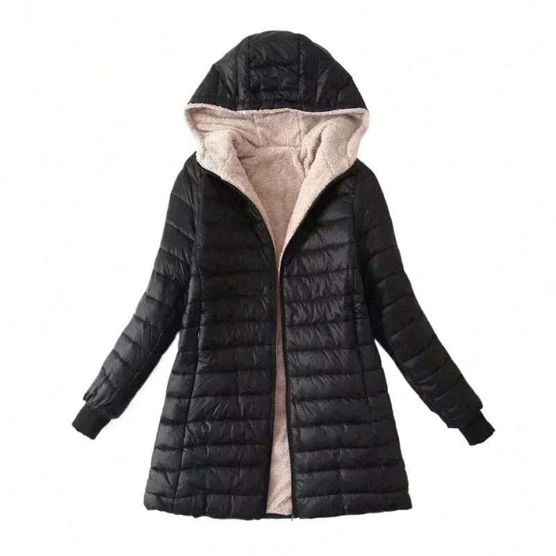 Veste femme hiver nouvelle mi-longueur coréenne Editi à capuche Fit Plus polaire Cott manteau chaud agneau polaire Parkas vestes d'hiver 74Tt #