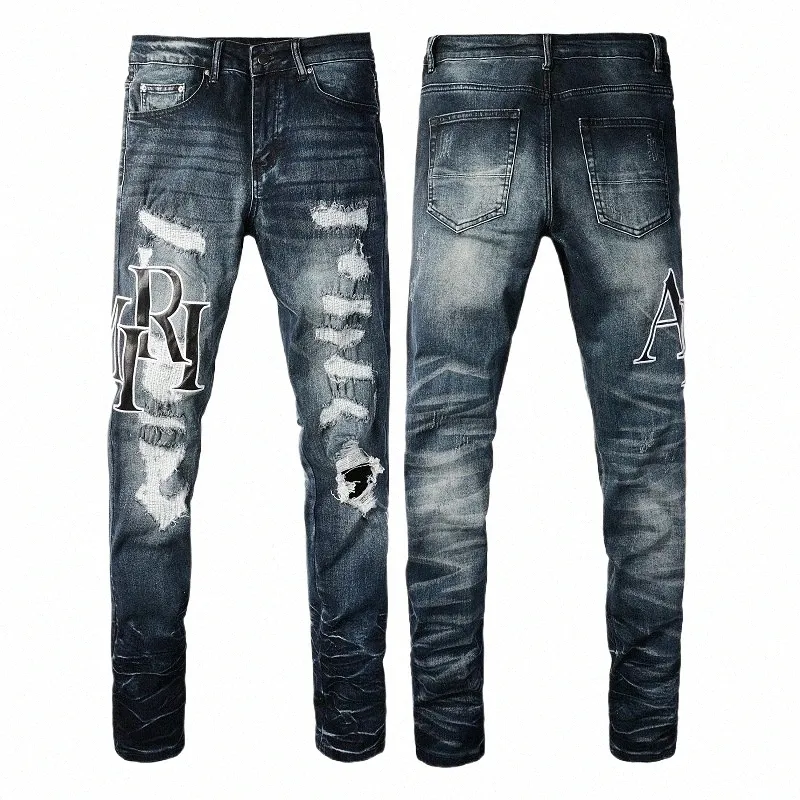 lettera ricamata con foro strappato patch jeans uomo slim piedi piccoli pantaloni in denim streetwear pantaloni jeans hip-hop 05jC #