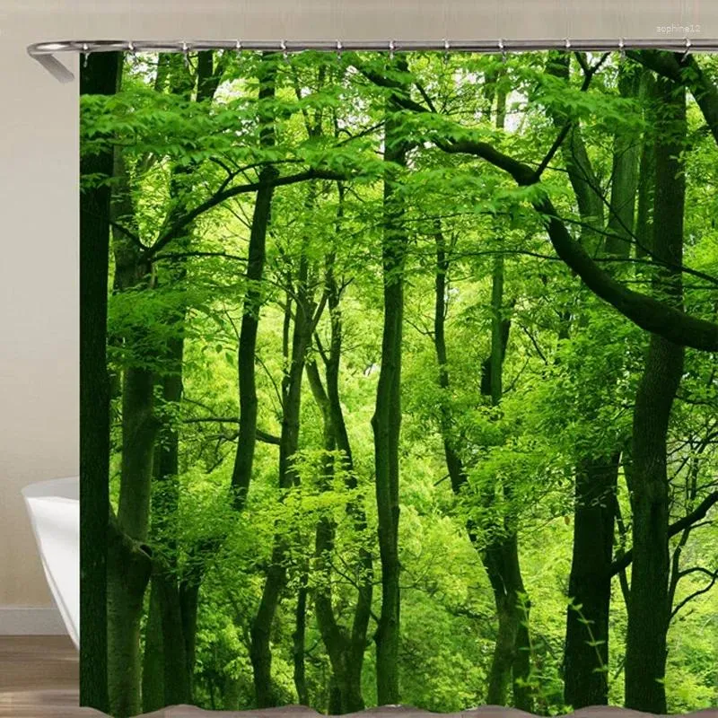 Shower Curtains Green Forest Trees Scenery Bath Curtain Bathroom Waterproof Polyester Fabric 3d Printed Screen 12 Hooks Mat