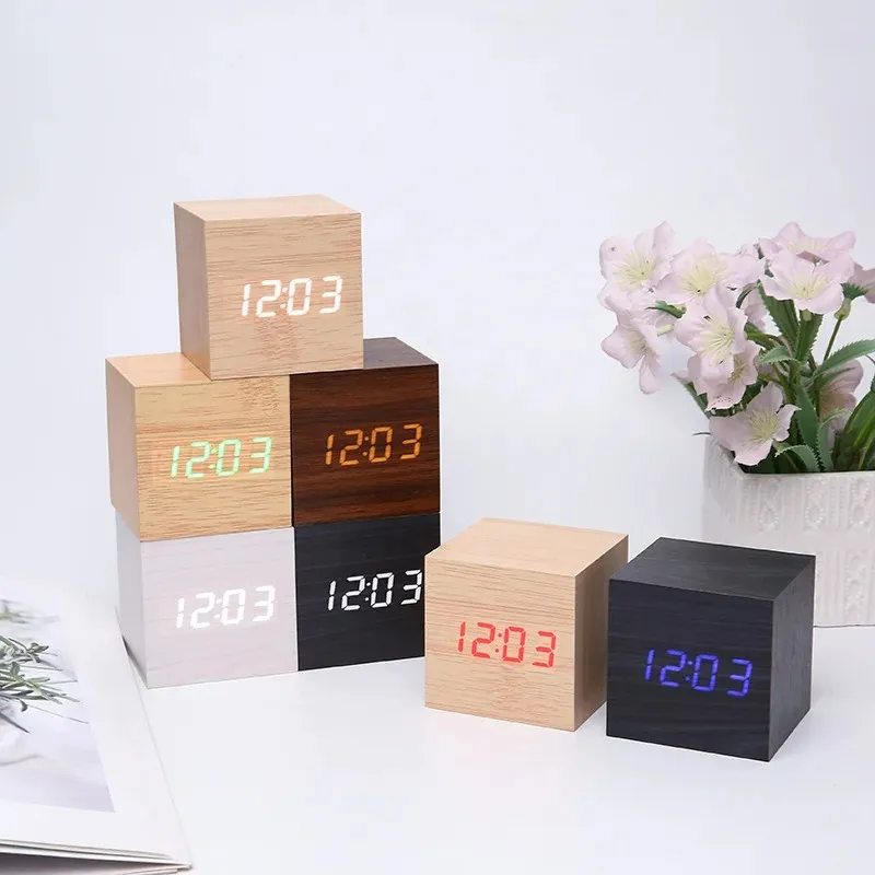 2024 Digital Alarm Clock Wooden Alarm Clock USB/Battery Powered, Mini Cube LED Digital Clock with Time/ Date/ Temperature Display