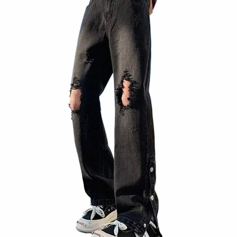 Men jeans knähål rippade stretch mager denim byxor fast färg höst hip-hop stil smala passformbyxor 2023 pantales man g0mv#