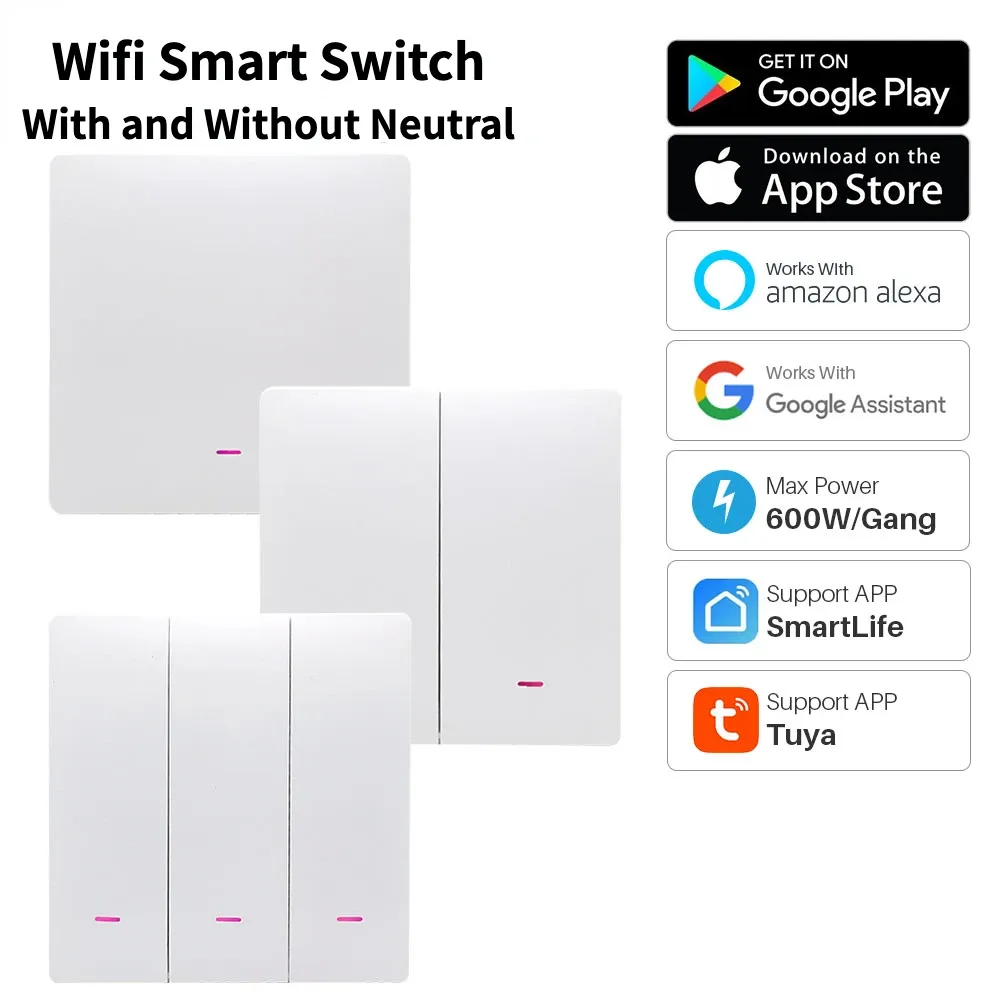 Tuya Wi -Fi 스마트 스위치 무선 푸시 버튼 스위치 제어 1/2/3 갱 스마트 라이프 앱 컨트롤은 Alexa 및 Google Home과 함께 작동합니다.