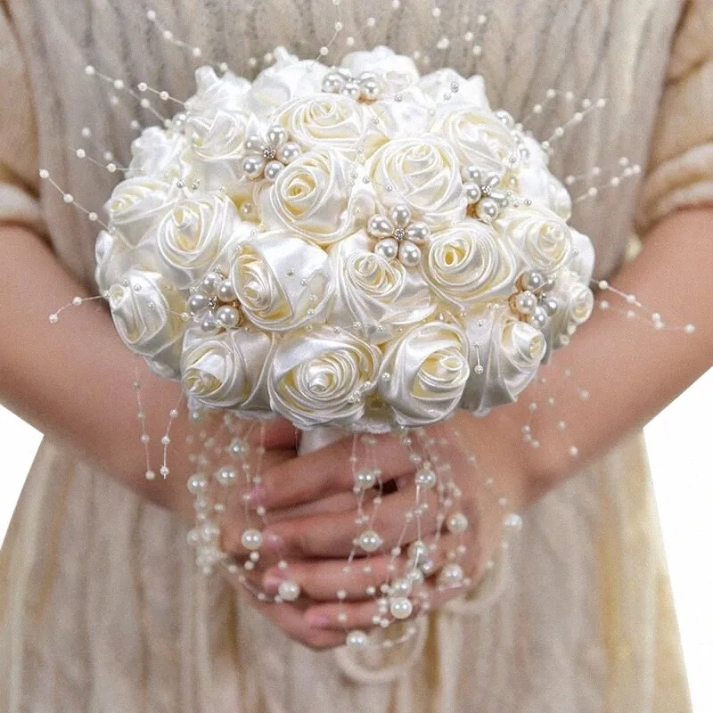 beautiful Artificial Rose White And Ivory Ribb Frs Stunning Pearls Beaded Bridal Bouquet Bridesmaid Wedding Bouquets R7RC#