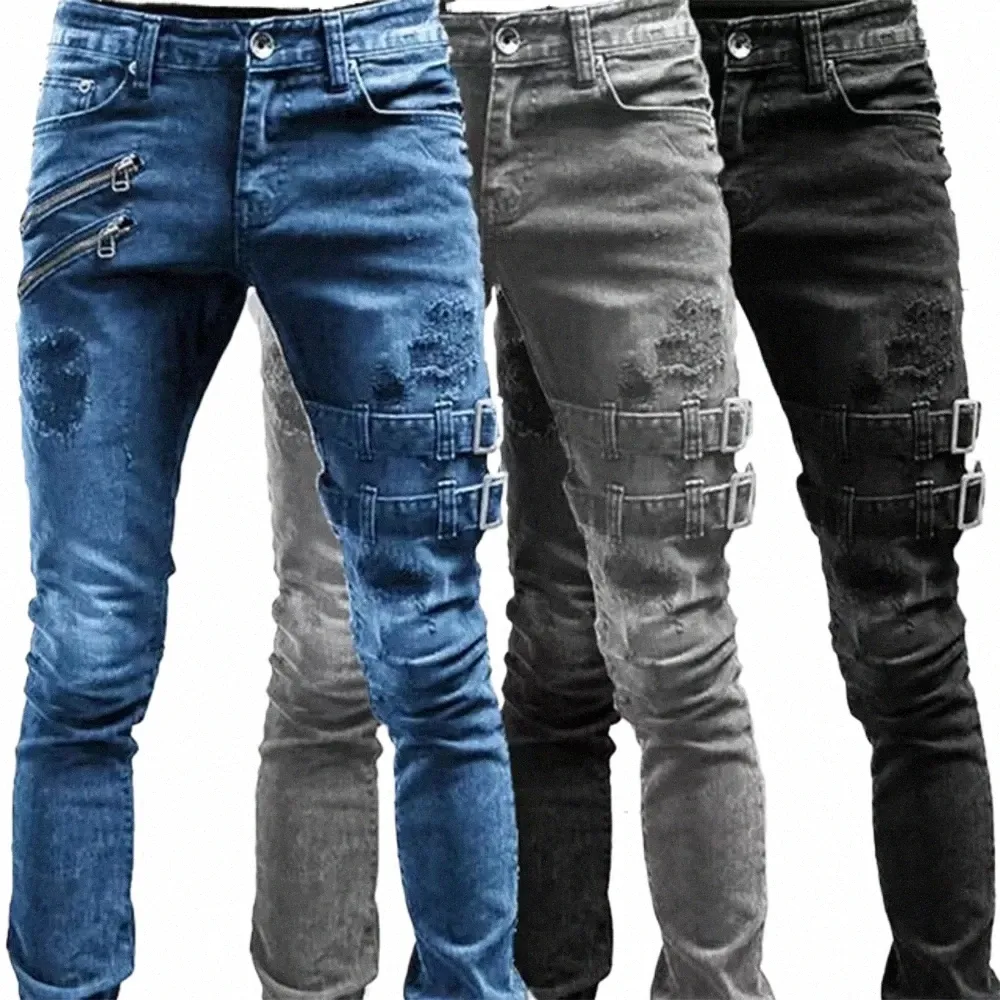Retro Moto Biker Gerade elastische Jeans Männer Reißverschluss Loch Streetwear Punk Skinny Denim Cargo Hosen Pantales Hombre Y2K Kleidung f2ae #