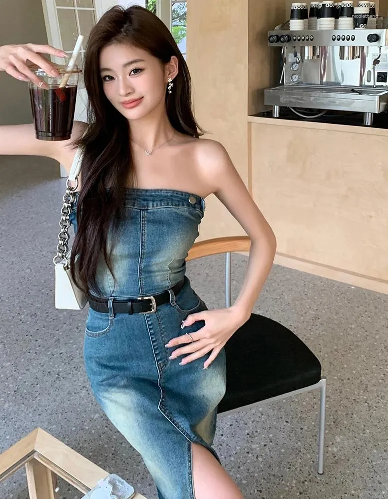 Casual jurken lief meisje off-shoulder strapless denim jurk dames zomer sexy slim fit split wrap hip lange mode vrouwelijke kleding