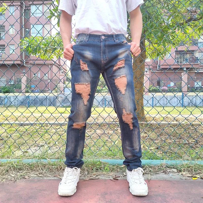 Erkek kot pantolon yüksek kaliteli düz delikli adam denim artı boyut 28-42 uzun pantolon erkek hip hop yırtılmış rahat pantolon moda