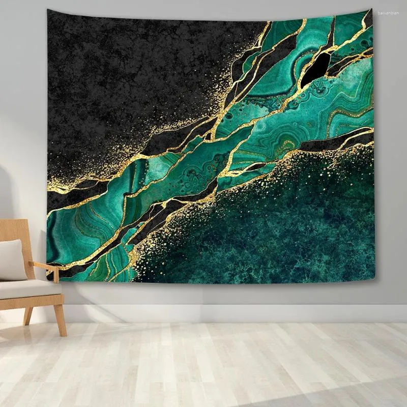 Tapisserier 3D marmorstruktur Tapestry Green Golden Marbling Modern konstvägg filt Tyg vardagsrum sovrumsdekor hängin