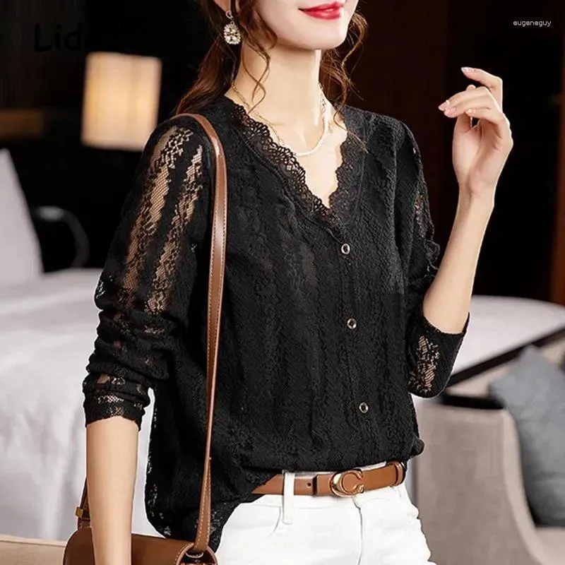 Blouses Femmes Femmes Printemps Mode Coréenne Sexy Creux Dentelle Élégant Casual Col En V À Manches Longues Noir Tops Chic Lâche Blusas Para Mujer