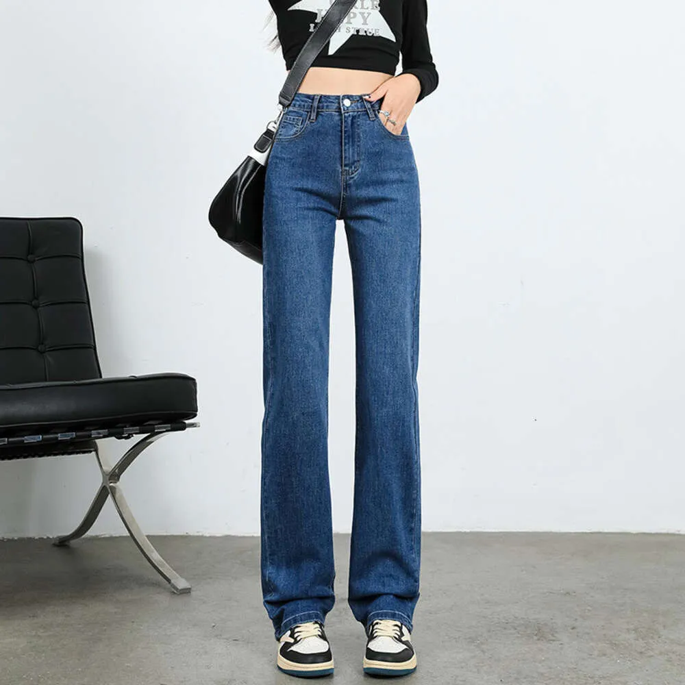 Jeans för amerikansk stil för kvinnor och hösten nya produkter Hög midja Löst passande rakben drapera elastisk smal passande casual byxor