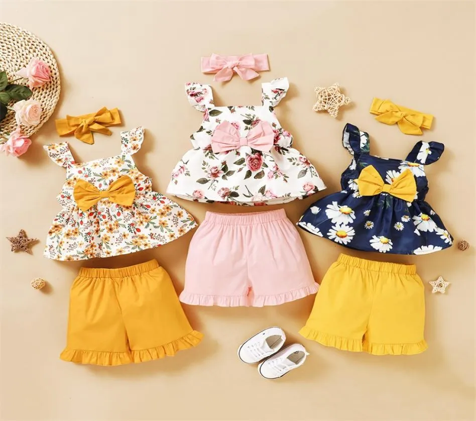 Baby Girl Clothes Set Summer Toddler Kids Floral Sleeveless Bow Top Shorts Headband 3PCS Baby Clothing Set Girls Outfits 334 Y28583163